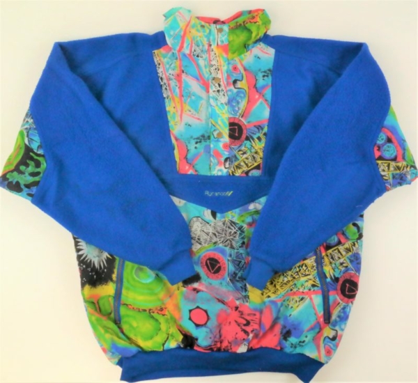 outdoor fleece sweater with abstract neon patterns in blue