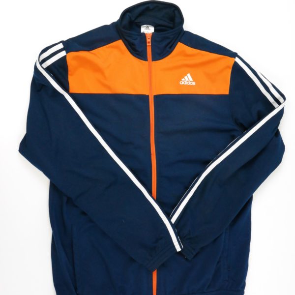 Retro Adidas Sportjacke Glanz in dunkel blau mit orangem Zip