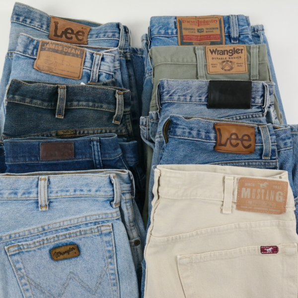 various retro jeans, blue, black, beige, brand label